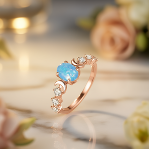 Bague ovale en opale bleue plaquée or rose avec motif lune et accents de diamants pour femme, style bohème, pierre précieuse, mode - Product Image 2