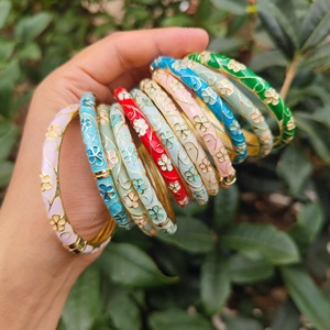 Bracelet jonc vintage en émail cloisonné pivoine, style chinois, ouverture à ressort, idéal pour cadeau de voyage ou de fête, vente en gros - Product Image 3