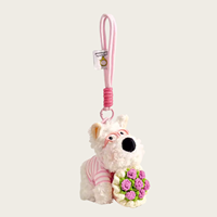 Porte-clés en peluche chien blanc mignon Kawaii avec lunettes roses, chemise rayée et bouquet de fleurs pour sac à dos