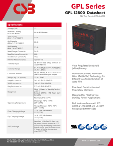 Batería CSB GPL12800 12V <span class=keywords><strong>80Ah</strong></span> de Larga Duración, Libre de Mantenimiento, Recargable, VRLA, de Plomo-Ácido para UPS - Product Image 3