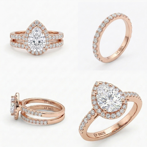 Pear Cut Moissanite Engagement <b>Ring</b> <b>Set</b> Rose Gold Plated Halo Bridal Band Stacking Wedding <b>Ring</b> for Women - Product Image 5