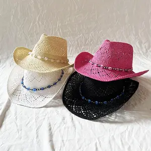 Q40126 Beach Summer Straw hats human made Hollow Beaded Hearts Trim Cowgirl Hat for Women Beach Hat