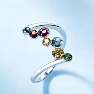 草石新款花式彩色立方氧化锆戒指金属女士镀银精致女士戒指厂家直销