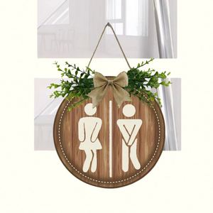 Letrero Decorativo Redondo de Tablero de Densidad para Baño, Estilo Rústico, con Diseño de San Valentín, para Inodoros de Diferentes Géneros - Product Image 1