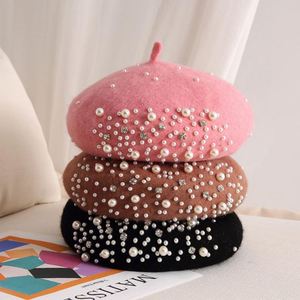 Sonbahar Kış Toptan Moda İnci Bere Kadınlar İçin İncili Siyah Bere Şapka Taklit Yün Keçe Bere Şapka - Product Image 3