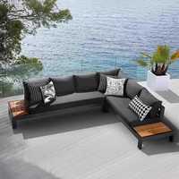 Ensemble de canapés et table basse en teck et aluminium, style nordique moderne et minimaliste, pour jardins, villas, cours et bureaux de vente