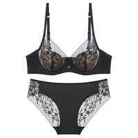 Set Pakaian Dalam Wanita Berenda Bunga Hitam, Bra Berkawat Nyaman dan Set Celana Dalam Pinggang Sedang 2 Potong, Set Lingerie Elegan Ukuran Besar