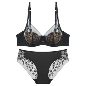 Conjunto de Lencería Femenina de Encaje Floral Negro, Sujetador con Aros y Braguitas de Cintura Media, Conjunto de 2 Piezas, Elegante, Tallas Grandes - Product Image 4
