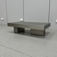 Table basse minimaliste en acier inoxydable, revêtement anti-traces de doigts, silhouette en bloc, fabrication sans joint, base double socle robuste
