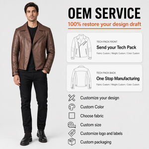 <b>Men's</b> Genuine Leather Asymmetrical Zip Biker <b>Jacket</b> Vintage Brown Motorcycle Coat Quilted Sleeve Moto Outerwear - Product Image 1