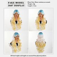 Wig sintetis gelombang alami warna biru putih kuning ombre 30 inci, tahan panas, serat fiber, untuk acara sepak bola & zona penggemar
