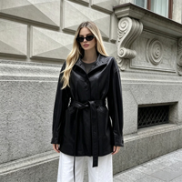 Manteau en cuir pour femme en peau de mouton douce importée, style trench, simple boutonnage, avec ceinture, idéal pour le quotidien – Collection Usine
