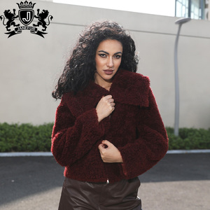 Veste en fausse fourrure de mouton Janefur pour femmes, style Y2K, col <span class=keywords><strong>marin</strong></span>, rouge vin, fermeture éclair - Product Image 1
