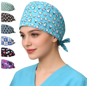 Unisex Dental <b>Scrub</b> Caps Breathable Comfortable Adjustable Tie <b>Back</b> Hat Soft Fabric Sweatband Button Cute Animal Print Needle - Product Image 1