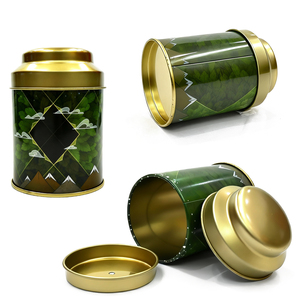Envase de Hojalata con Doble Tapa y Impresión Personalizada, Caja Redonda Negra y Verde, Envase Metálico Vacío para Té - Product Image 1