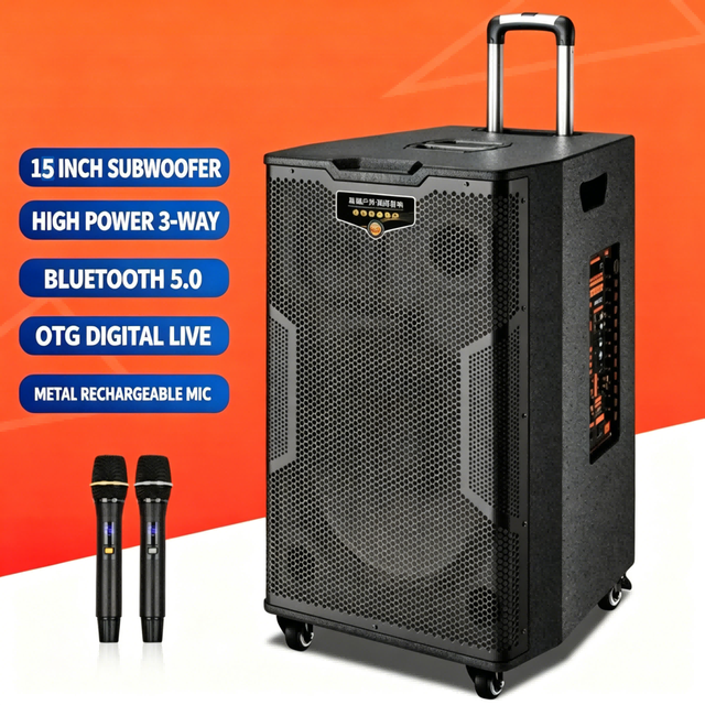 15 Inch Trolley Bluetooth Speaker | OTG Live Function | 110V Rechargeable Outdoor Square Dance Karaoke Audio