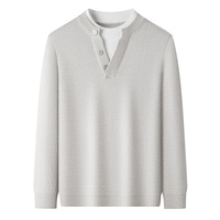 Pull en maille col Henley pour homme, 700G, épais, col en V, manches longues, logo frontal, gris foncé, noir, gris clair