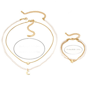 European and American style retro faux pearl five-pointed star beaded necklace and <b>bracelet</b> <b>set</b>, versatile moon pendant - Product Image 5