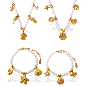 European American Seaside Resort Style Seashell Starfish Faux Pearl Necklace <b>Bracelet</b> <b>Set</b> Women's Party Jewelry - Product Image 5