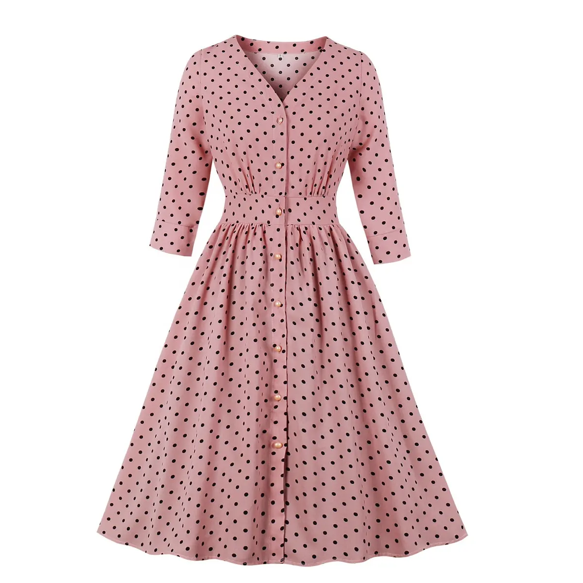 Amazon FBA Service MXN-2102 Wholesale Amazon Hot Sales women 3/4 sleeves polka dots dress pink vintage dress female