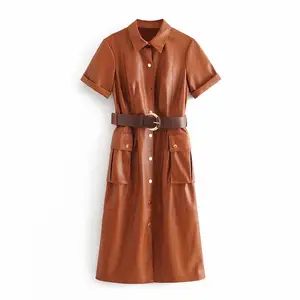 cinto mulheres curtas Suppliers-Qz247 vestido de couro pu midi feminino, elegante, chique, manga curta, com bolsos, para mulheres
