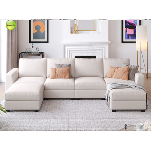 Sofá Seccional <span class=keywords><strong>de</strong></span> esquina con otomana, tela <span class=keywords><strong>de</strong></span> <span class=keywords><strong>plumas</strong></span> <span class=keywords><strong>blancas</strong></span>, sofá moderno <span class=keywords><strong>de</strong></span> lino para sala <span class=keywords><strong>de</strong></span> estar, marco <span class=keywords><strong>de</strong></span> madera maciza opcional W448 - Product Image 4