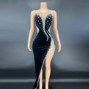 Ocstrade 2022 robe d'anniversaire de scène Sexy robe maille Transparent noir velours robe de soirée strass haute fendue robe de Cocktail