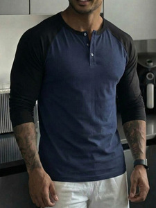 <strong>Men</strong> Raglan Long-Sleeve <strong>Henley</strong> <strong>T</strong>-<strong>Shirt</strong> Crew Neck Button Placket Casual Loose Fit Baseball Tee Custom Logo 100% Cotton 220g Blank - Product Image 1