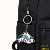 EXPLORE Camping Scene Porte-clés en acrylique, motif tente, montagne et feu de camp avec bannière, breloque transparente durable pour clés, sacs, sacs à dos