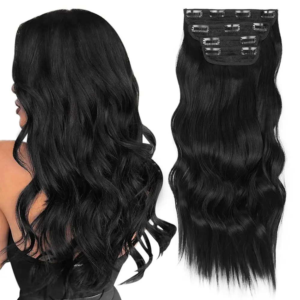 4 PCS Clip in Long Soft Glam Waves Thick Hairpieces 20 inches Black Hair Extensions Double Weft Hair for Women Full head