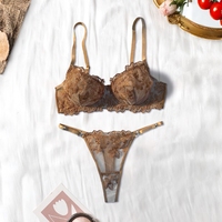 Ensemble de lingerie sexy brodé floral, soutien-gorge 3/4, string, lingerie transparente en maille pour femmes, push-up, bretelles réglables