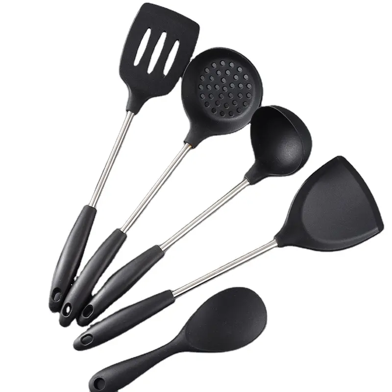 Hot Stainless Steel home and kitchen silicone kitchen utensils 5 pieces silicon utensil kitchen gadgets black cooking tools set