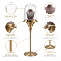 Présentoir à bijoux personnalisé avec dôme en verre et socle doré pour magasin de bijoux, vente en gros