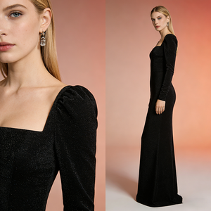 Abito Lungo da Donna Personalizzato OEM, Schiena Scoperta, Scollo Quadrato, Aderente, <span class=keywords><strong>Maniche</strong></span> <span class=keywords><strong>Lunghe</strong></span>, in <span class=keywords><strong>Velluto</strong></span>, Stile Sirena, per Banchetti e Feste - Product Image 3