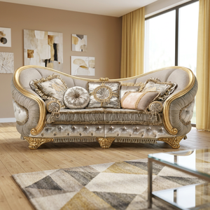 Luxury Teak Wood 3-Seater <b>Sofa</b> <b>Set</b> with Tufted Fabric Upholstery Durable & Eco-Friendly Traditional Royal Living Room Furniture - Product Image 4