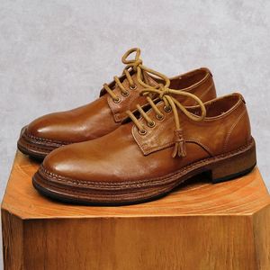 Chaussures en cuir de style anglais rondes marron pour hommes, à lacets, en cuir véritable de haute qualité, chaussures décontractées pour hommes - Product Image 2