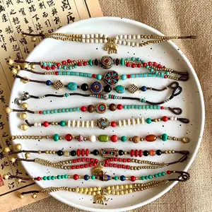 Bracelet de perles en laiton de cuivre de style nationalité tibétaine tissée à la main du Népal multicouche bohème pour hommes et femmes