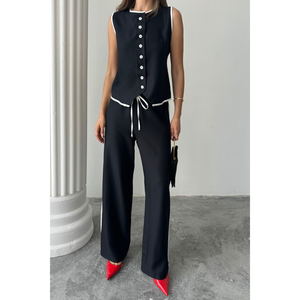 Conjunto de chaleco y pantalón de lino con bordes ribeteados en negro, traje de mujer, talla S - Product Image 5