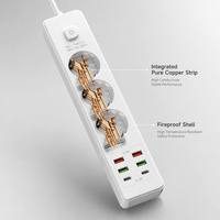 Regleta de alimentación al por mayor con logotipo personalizado, estándar europeo Schuko, de cobre y ABS, 10A, 3 tomas, cable de extensión, 4 USB, 2 USB C PD de carga rápida y protección contra sobretensiones.