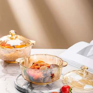 Bol en verre cristal ambre diamanté pour nouilles instantanées et salades, avec couvercle et double anse, couleur fauve, pour la maison - Vente en gros - Product Image 5