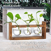 Vente chaude écologique Durable carré de table hydroponique jardinière en verre support en bois Terrarium Vase Pots de fleurs forme d'ampoule