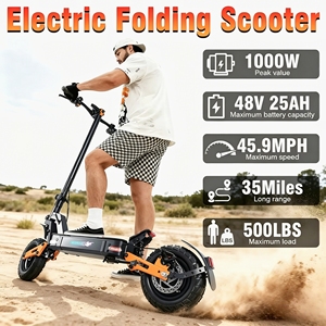 สกู๊ตเตอร์ไฟฟ้าแบบพับได้ รุ่น T3 1000W 48V แบตเตอรี่ลิเธียม 18Ah ขับเคลื่อนสองมอเตอร์ สำหรับทุกสภาพพื้นผิว กันน้ำ ระบบกันสะเทือนเต็มรูปแบบ ระยะทางวิ่ง 70 กม. - Product Image 2