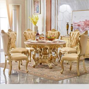 Mesa de comedor de mármol redonda con marco de madera europeo de lujo con silla de cuero champán dorado <span class=keywords><strong>para</strong></span> <span class=keywords><strong>cocina</strong></span>, juego de muebles de comedor - Product Image 1