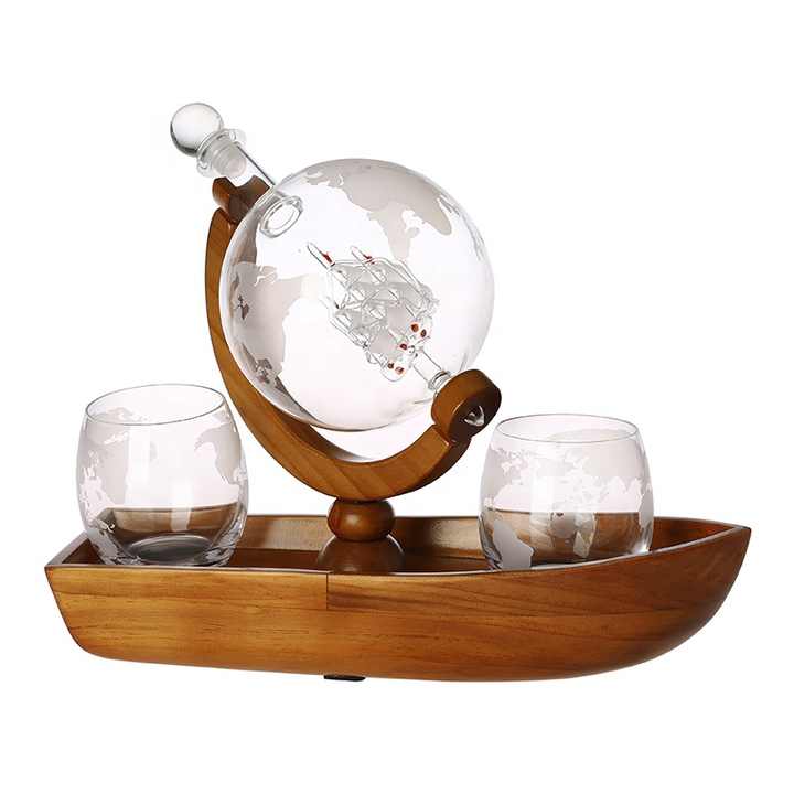 1L Whiskey Or Wine Sailboat Glass Decanter Set - 4x Globe Glasses Wooden Stand | BIG W - View #5