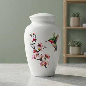 Urna de Cerámica Moderna con Diseño de Colibrí y Flor de Cerezo, Florero Decorativo Redondo para Ocasiones de Condolencia - Product Image 4