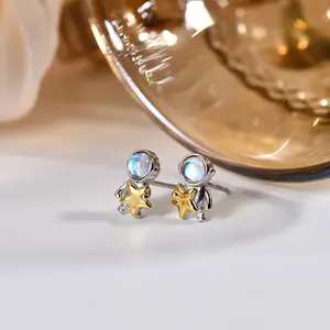DQ10860E Fashion Jewelry Moonstone Earrings 925 Sterling Silver Synthetic Moonstone Astronaut Star Stud Earrings For Women Girls