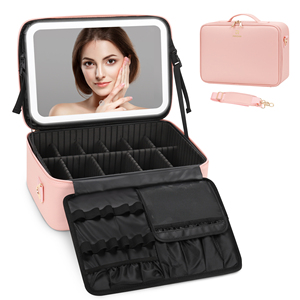 Relavel Trousse de maquillage de voyage avec miroir éclairé <span class=keywords><strong>rechargeable</strong></span> 3 lumières de couleur Organisateur de cosmétiques pour femmes <span class=keywords><strong>Cuir</strong></span> Rose - Product Image 3