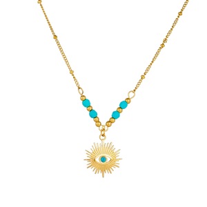 Vintage Style Turquoise <b>Beaded</b> Gold Plated Blue Eye Pendant Jewelry <b>Set</b> Stainless Steel Necklace Women's Fashion Jewelry - Product Image 5