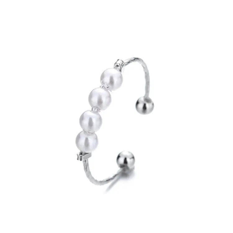 Dainty Spinner Adjustable Silver Pearl Anxiety Fidget Ring for Women