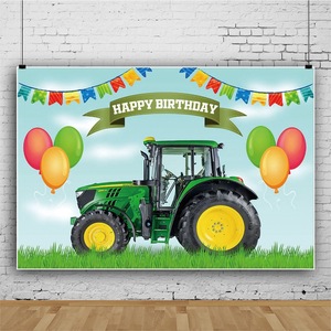 7x5ft Bauernhof-Traktor Geburtstags-Hintergrund für Kinder Grünes Gras Ballon Bunte Flagge Wolken Fotografie-Hintergrund Fröhlicher 1. Geburtstag - Product Image 1